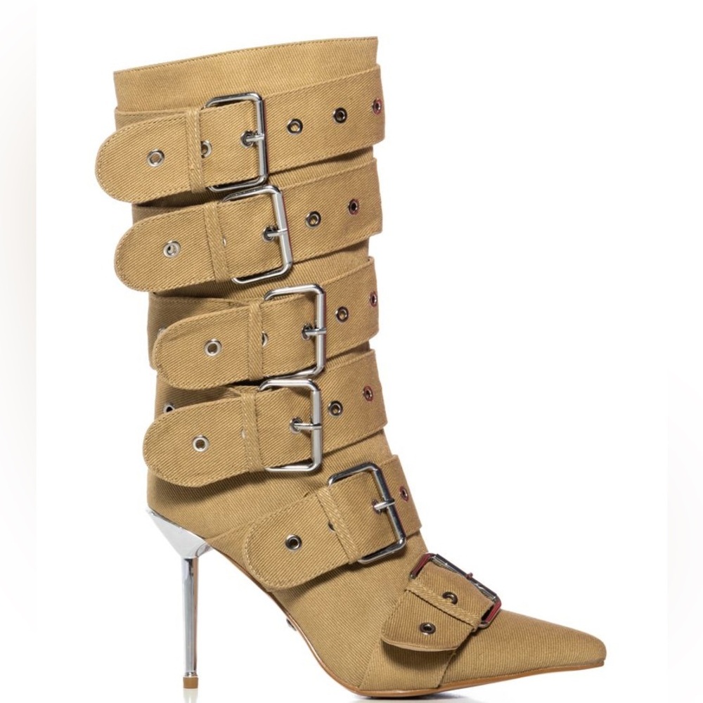 Azalea Wang Tan Khaki Belt Buckle Booties